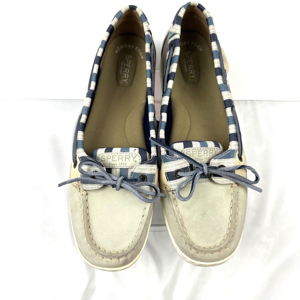 Nautical Striped Sperry Top-Sider Boat Shoe Women 9.5 Grey Blue‎ STS83334 Preppy